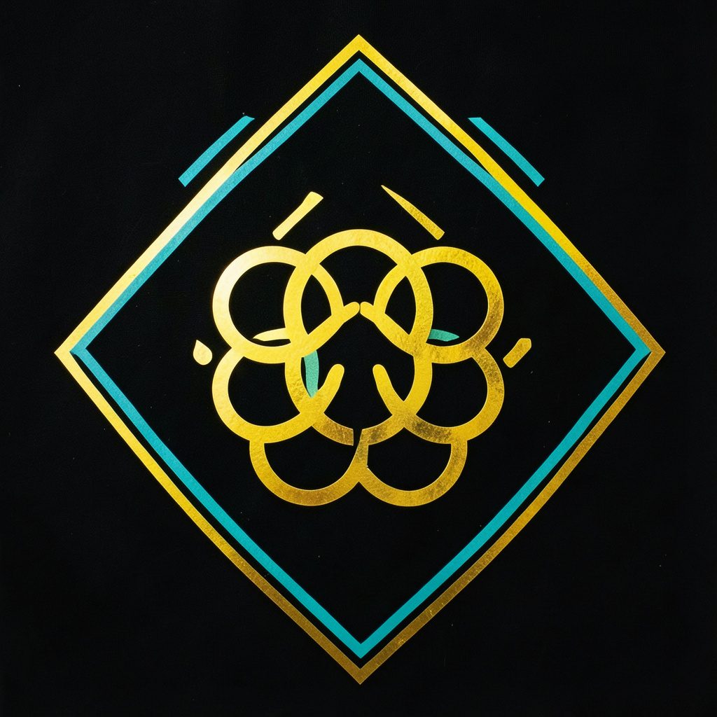 A bold emblem in gold and cyan on black, featuring a stylized community symbol of interlocking circles and hands, with a clean geometric border.