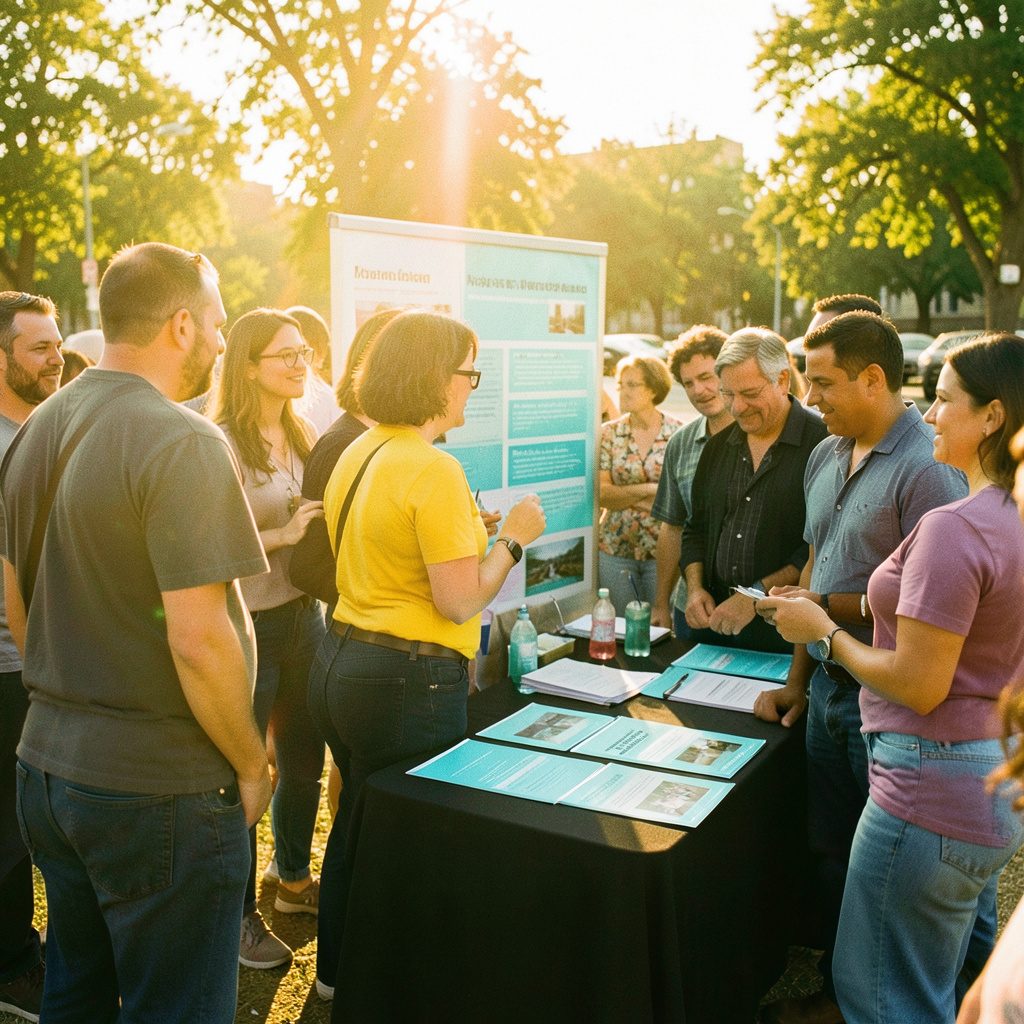 A documentary-style photograph of community members gathered at an outdoor information booth, with warm golden sunlight and cyan informational materials on a dark table.