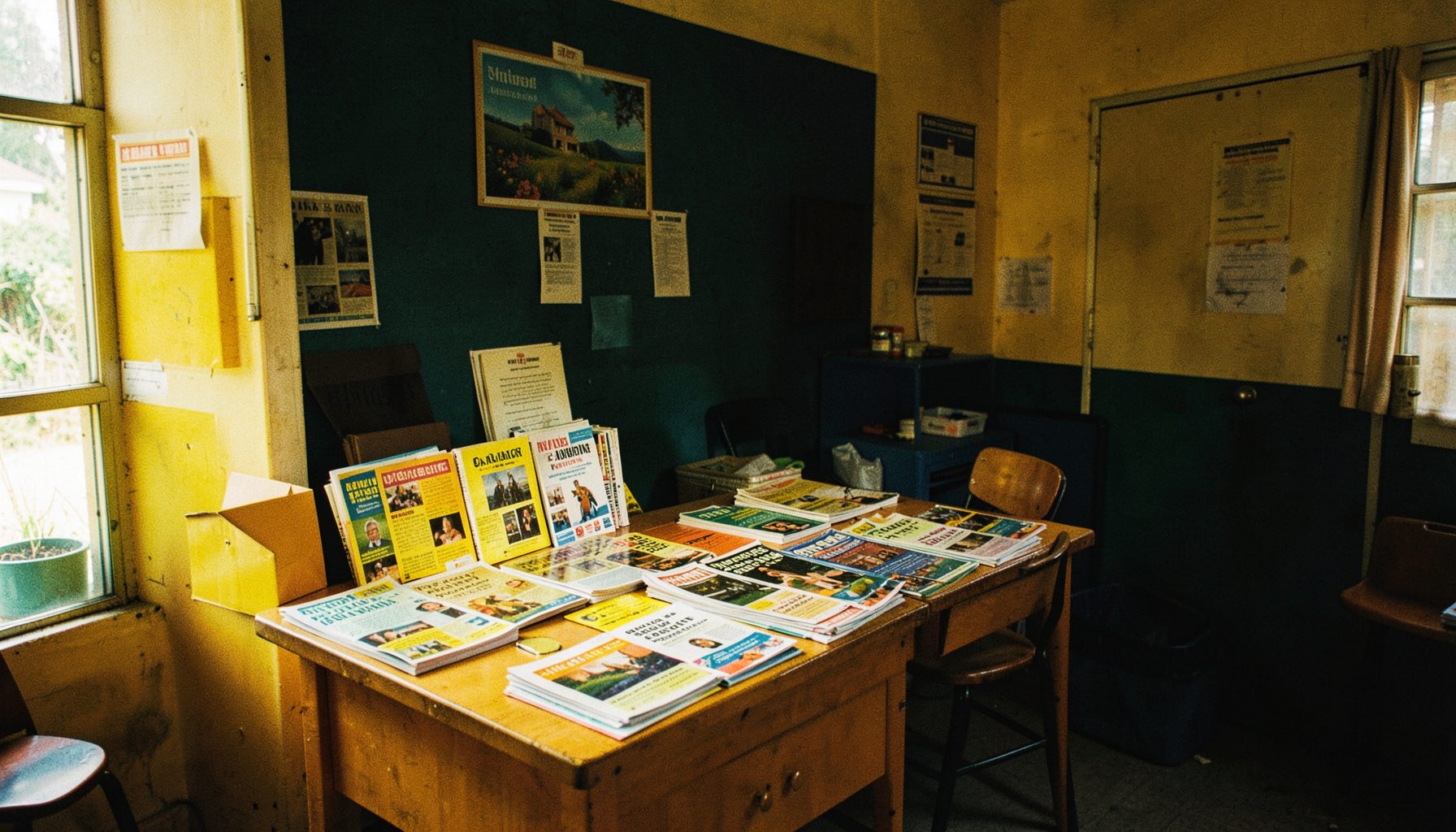 A warmly lit community information table with pamphlets and flyers in a modest community centre room, yellow and teal accents against dark walls.