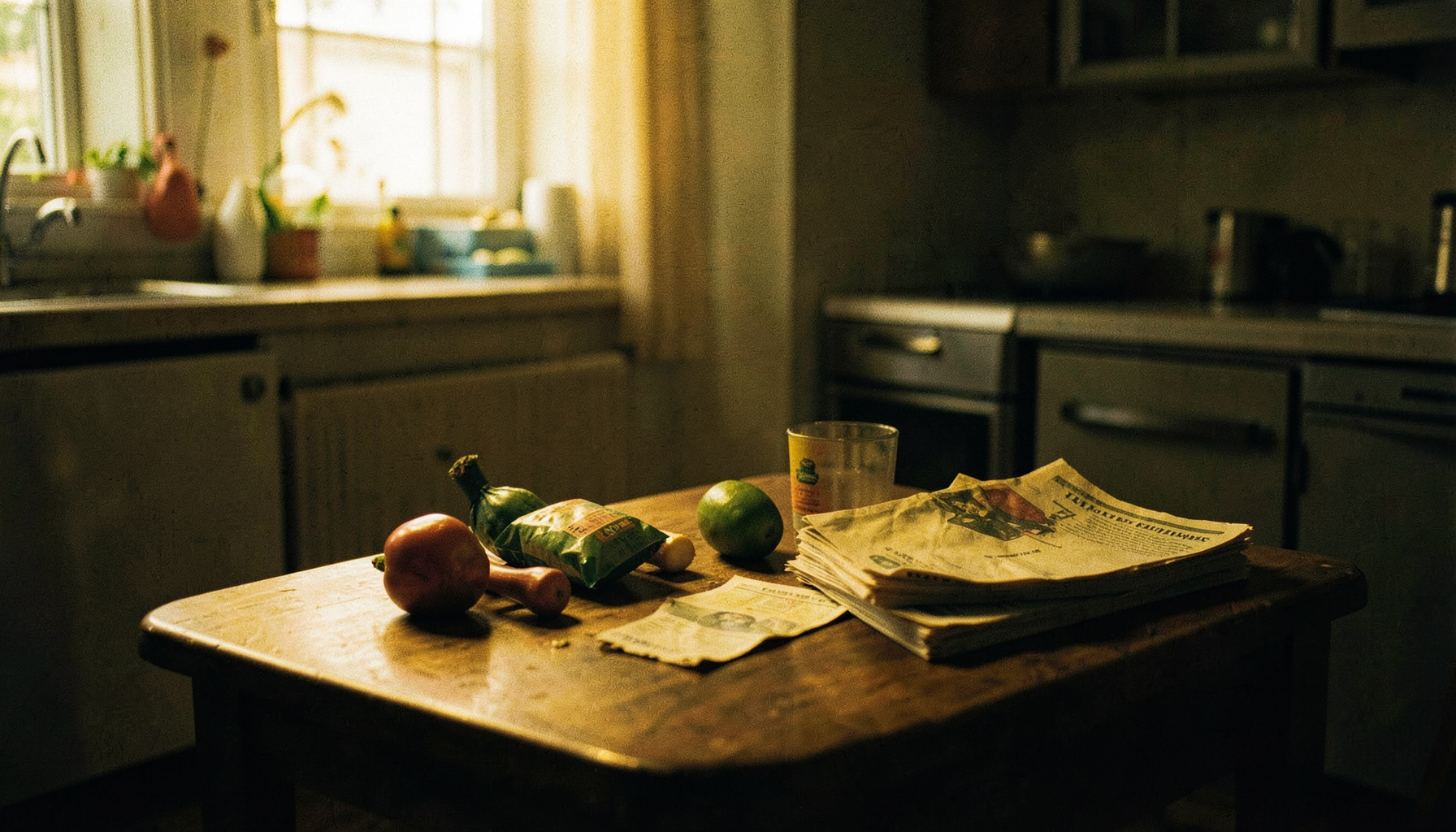 A modest kitchen table in a dimly lit apartment, with a few basic grocery items and a stack of bills, warm amber tones against deep shadows, quiet and intimate mood.
