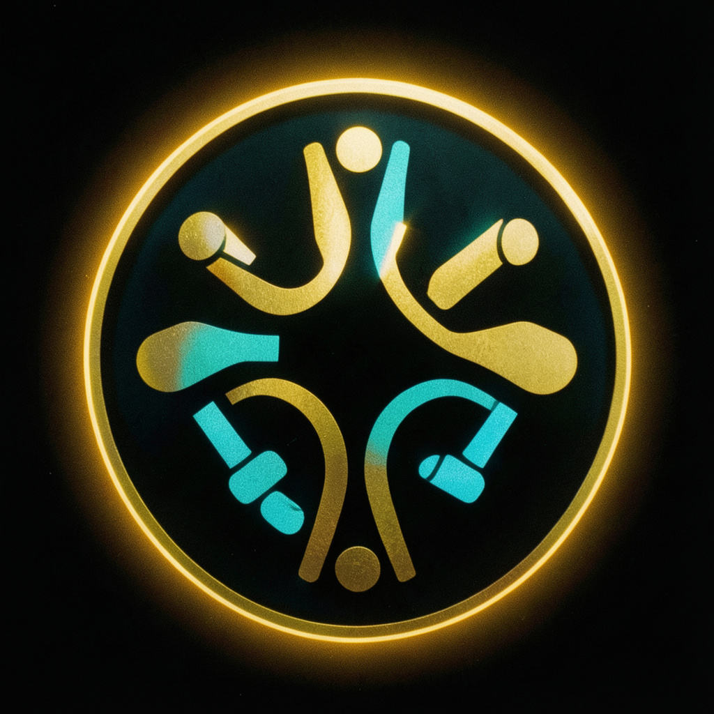 A circular emblem in deep gold and cyan on a black background, featuring stylized interlocking hands forming a community symbol, with a warm glowing rim.