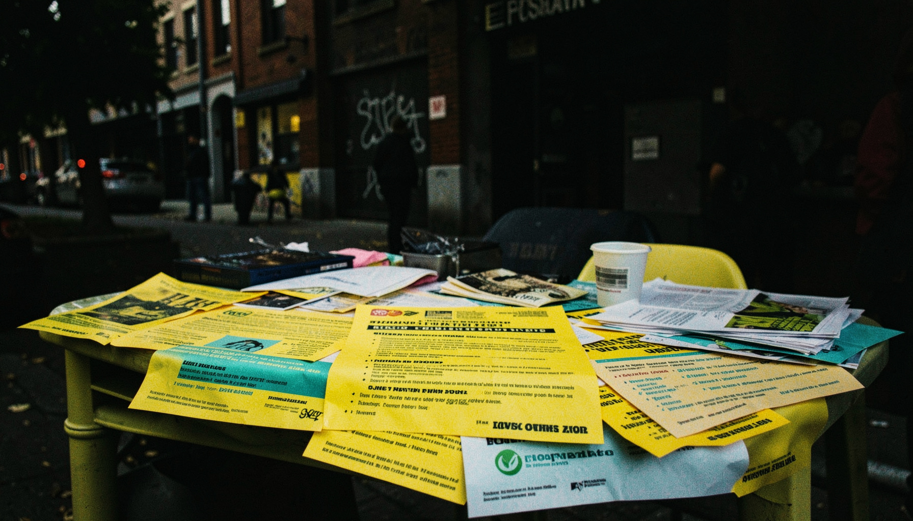 A documentary-style photograph of a community support table in a Toronto neighborhood, with informational flyers in warm yellow and cyan tones, set against a dark urban backdrop.