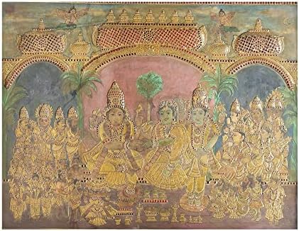 Екзотична Индийска картина 52 x 40 Рама Darbar Танджоре | Традиционните Цветове С 24-Каратово злато | Рамка от Тиково дърво | Gold