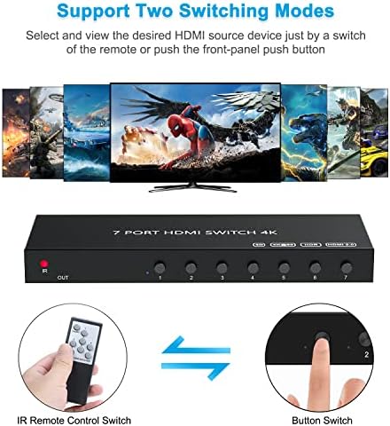7-портов HDMI комутатор 4k @ 60hz, HDMI комутатор 7 в 1 с изход HDCP 2.0 Хъб HDMI2.0 Поддържа 3D, Съвместими с Nintendo Превключвател/ключ