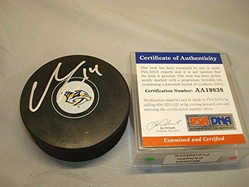 Матиас Экхольм подписа Хокей шайба Нешвил Предаторз с автограф на PSA /DNA COA 1A - за Миене на НХЛ с автограф