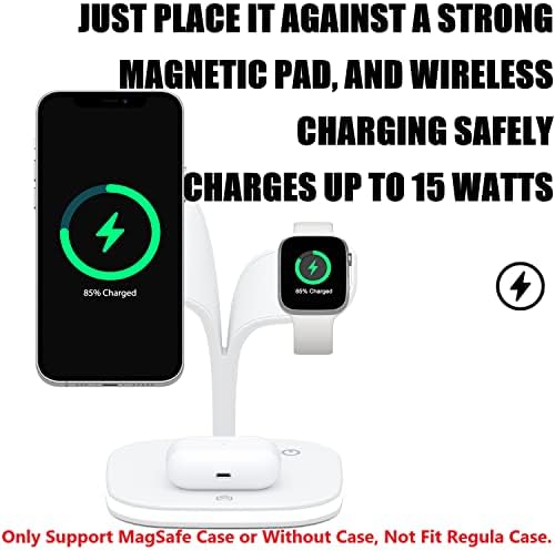 Магнитна зарядно устройство, Безопасна Зарядно Устройство, Безжична Докинг станция за iPhone 14/13/12, AirPods, Apple Watch, Бял