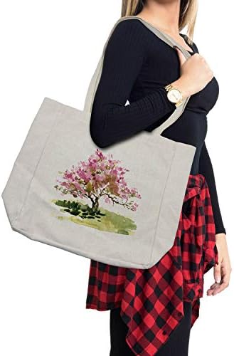 Японската Пазарска чанта Ambesonne, Акварел Скица Листа Сакуры в цвят Череша, Дългогодишна Множество чанта за продукти, плажа и