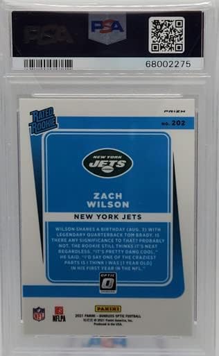 Карта начинаещ Zach Wilson Jets 2021 Donruss Optic Blue Scope Prizm 202 PSA 10